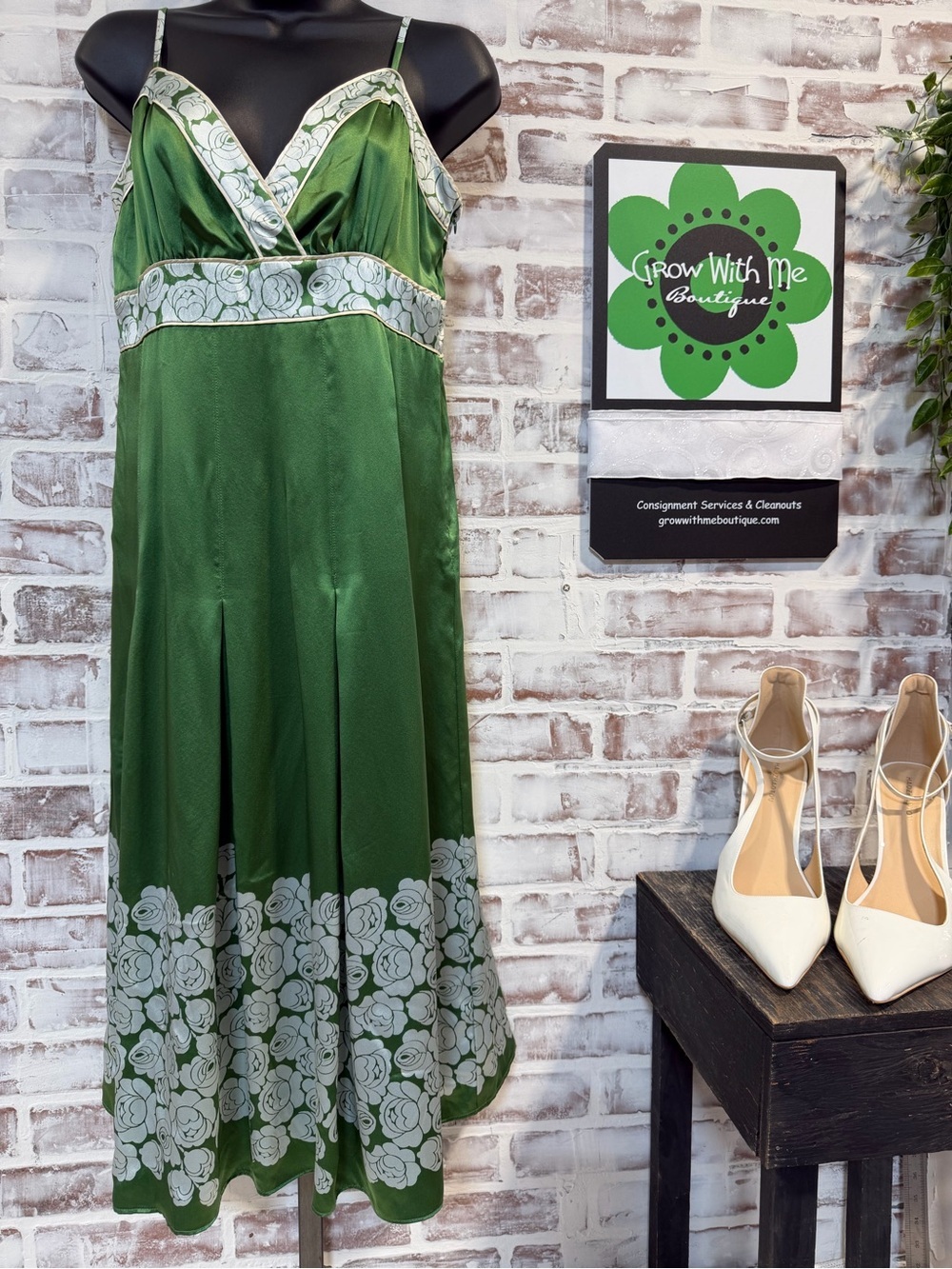 ted baker green satin dress Slip with White Trim Midi dresses